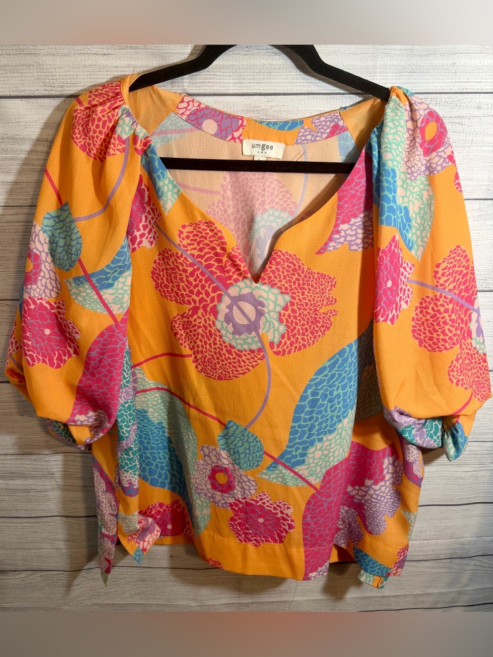 Umgee Yellow Floral Puff-Sleeve Blouse with Pink & Blue Accents